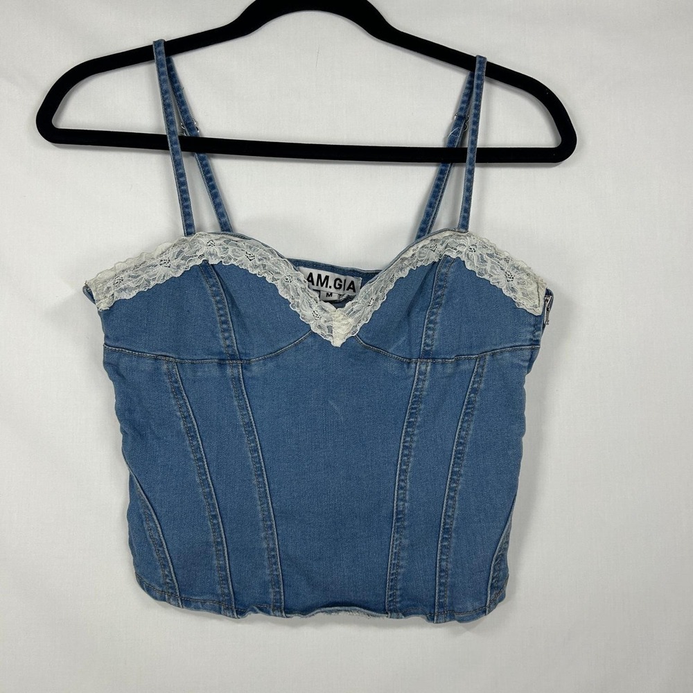 I.AM.GIA Medium Wash Denim Lace-Trimmed Corset Top – Size Medium